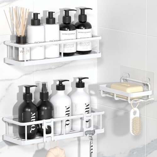 Shower Caddy Adhesive, No Drill Bathroom Shower Organizers, with Removable Hooks and Soap Holder, Rust Proof Shower Shelves, Wall-Mounted Shower Holder, White, 3 Pack, YS-K-419E