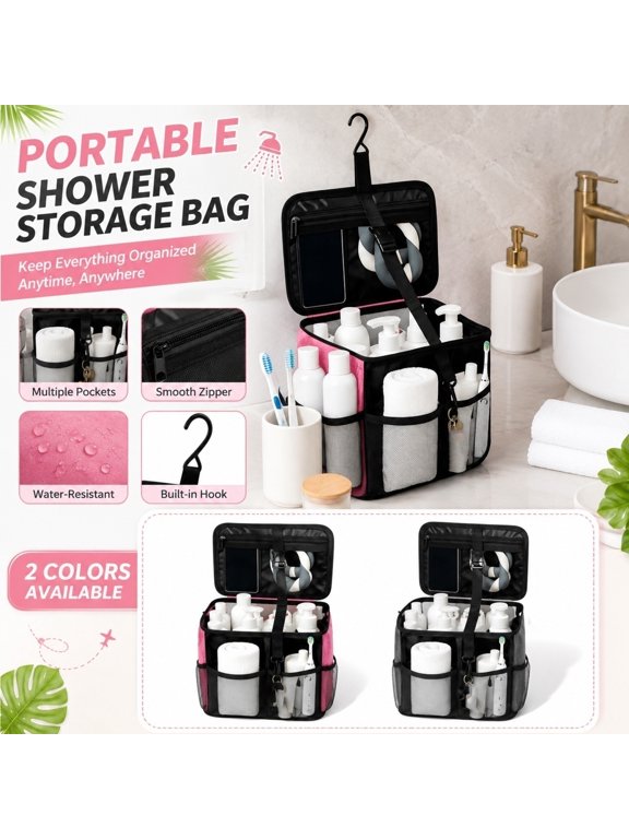 Shower Caddy Bag Portable, Hanging Water Resistant Mesh Bathroom Storage Tote with Multiple Pockets, Lightweight Foldable Wash Bag for Travel Dorm Gym Daily Bath Use