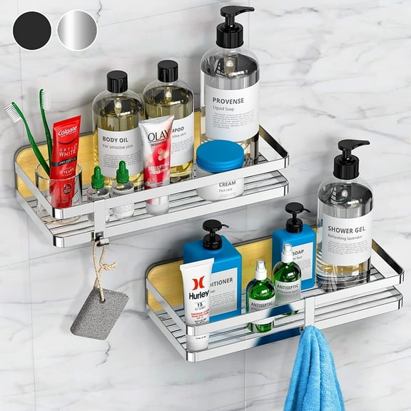 Shower Caddy Bathroom Shelf, Bathroom Storage Organizer, Shower Shelf with 2 Hooks, Easy Adhesive Installation for Home & Bathroom Use (2 Pack-Silver)