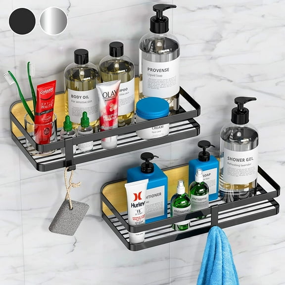 Shower Caddy Bathroom Shelf, Bathroom Storage Organizer, Shower Shelf with 2 Hooks, Easy Adhesive Installation for Home & Bathroom Use (2 Pack-Black)
