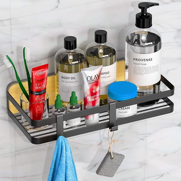 Shower Caddy Bathroom Shelf, Bathroom Storage Organizer, Shower Shelf with 2 Hooks, Easy Adhesive Installation for Home & Bathroom Use (Black)