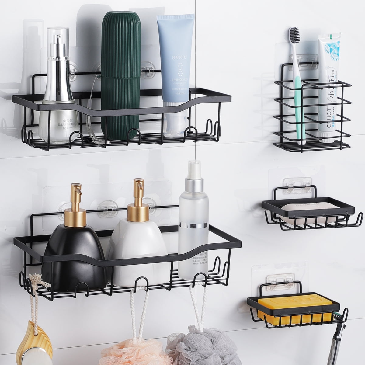 Shower Caddy, Bathroom Shower Organizer [5-Pack], Self Adhesive Shower Shelves, Shower Shelf for Inside Shower Rack, Stainless Steel Rustproof Bathroom Storage, Wall Mounted Shower Accessories, Black