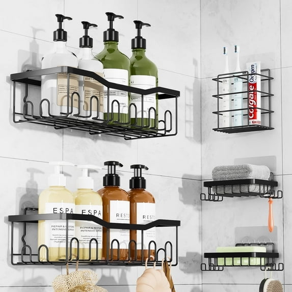 Shower Caddy, Bathroom Shower Shelves, 5 Pack Adhesive Shower Organizer, Wall Shelf for Shower Storage with Soap Dish, tootbrush Shelf &28 Hooks, Rustproof Stainless Steel No Drilling Rack Home Decor