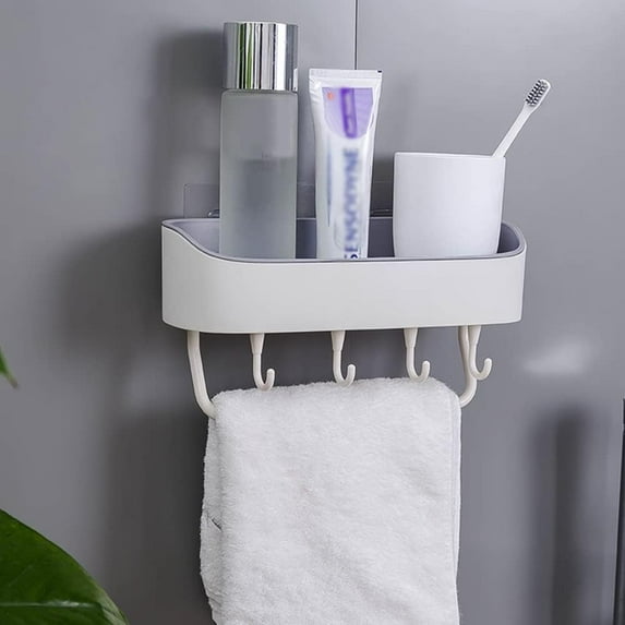 Shower Caddy Bathroom Storage Rack Shelf with Hooks Towel Holders, Shampoo Bars Shower Shelf, Kitchen Wall Organizer Rack Bathroom Accessories Bathroom Organizer (Color : White)