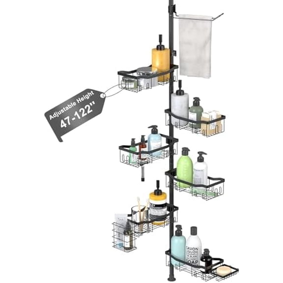 Shower Caddy Corner, 6 Tier Tension Pole Rod Bathroom Organizer Shelves, Adjustable Bathtub Shampoo Stand Rack with Towel Rack 2 Holders for Inside Shower Storage, Floor to Ceiling 47-122 Inch, Black