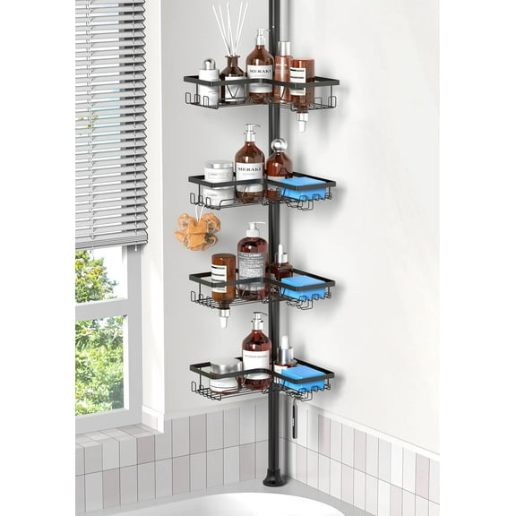 Shower Caddy Corner for Bathroom, Tension Pole, Adjustable 25in-114in Floor to Ceiling, Standing Shower Tension Rod Organizer, 4 Tier Storage Shelves, Matte Black