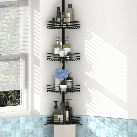 GARITIN Shower Caddy, 4-Tier Adjustable Corner Shower Shelf Organizer with Tension Pole, Rustproof Stainless Steel Bathroom Caddy Storage, Black