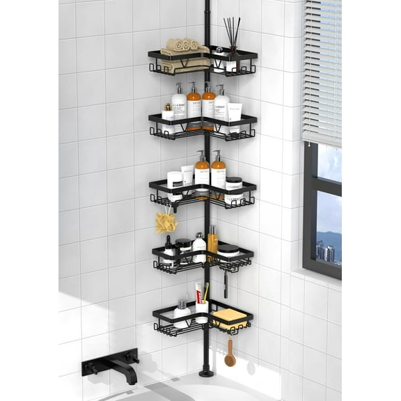 Shower Caddy Corner Tension Pole, Black Rustproof Shower Organizer with Large Toy Storage Basket, Adjustable Floor to Ceiling Rack with Soap Holder for Bathroom Bath Toy (25-114.2 Inch)