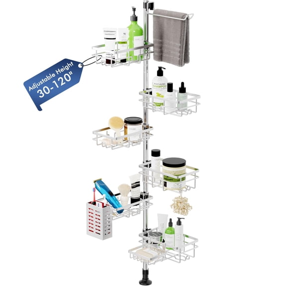 Shower Caddy Corner Tension Pole, Stainless Steel Rustproof 6 Shelves Bathroom Organizer with Towel Bar & Toothbrush Holder, Adjustable Shower Shelf for Renters - Family Stand Storage Rack