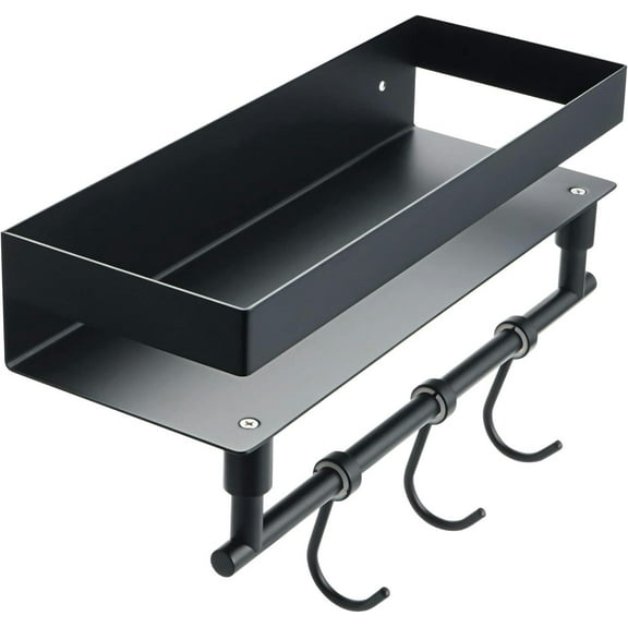 Shower Caddy Floating Shelves Shower Caddy Bathroom Shelf, Bathroom Shower Shelf, Wall Mounted with Towel Rails 3Hooks, Shower Caddy Floating Shelf in Matte Black 30Cm