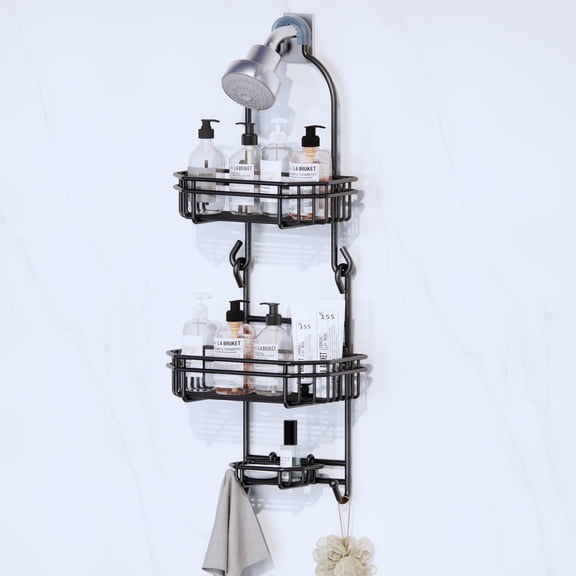 Topritt Shower Caddy Hanging over Shower Head, Rustproof Bathroom Organizer Shelf Rack with Soap Holder, No-Drill Shower Storage for Shampoo, Conditioner, Body Wash, Black