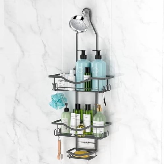 Shower Caddy Hanging Adjustable, Extended Length Rustproof Shower Caddy Over Shower Head with Hooks Soap Holder, Large Capacity Shower Organizer Anti-Swing Bathroom Organizer, Grey