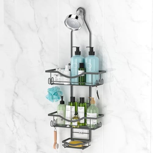 Shower Caddy Hanging Adjustable, Extended Length Rustproof Shower Caddy Over Shower Head with Hooks Soap Holder, Large Capacity Shower Organizer Anti-Swing Bathroom Organizer, Grey