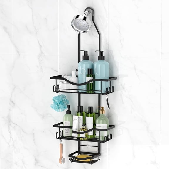 Shower Caddy Hanging Adjustable Shower Caddy, Rustproof Shower Organizer Extended Length Shower Caddies Over Shower Head with Hooks Soap Holder, Large Capacity Anti-Swing Bathroom Storage, Black