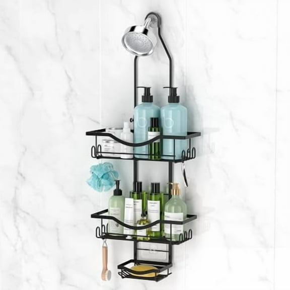 Shower Caddy Hanging Adjustable Shower Caddy, Rustproof Shower Organizer Extended Length Shower Caddy Over Shower Head with Hooks Soap Holder, Large Capacity Anti-Swing Bathroom Organizer, Black