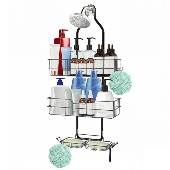 Shower Caddy Hanging, Anti-Slip+ Soap Holder+ 6 Hook for Razor /Sponge , Overhead Organizer and Storage Rack, Head Shower Mount, Black