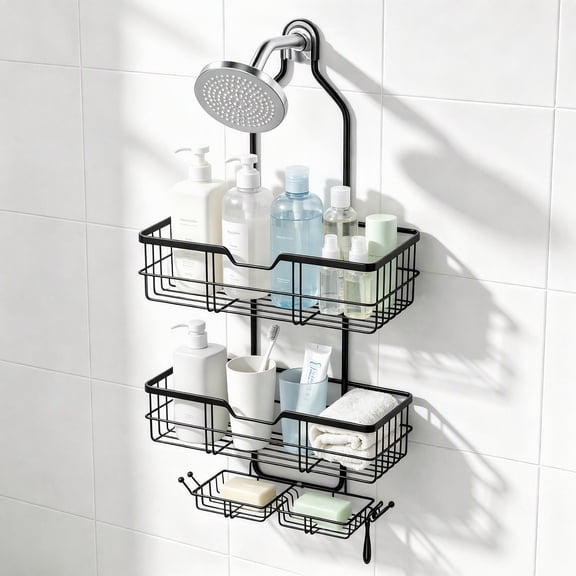 Shower Caddy Hanging, Anti-Slip+ Soap Holder+ 6 Hook for Razor /Sponge , Overhead Organizer and Storage Rack, Head Shower Mount, Black