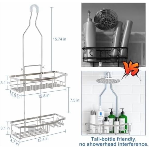 Shower Caddy Hanging for Bathroom: Adjustable Height No Blocking to Shower Head - Rustproof Shower Caddy Over Showerhead - Black Shower Organizer with Hooks Soap Holder, Silver