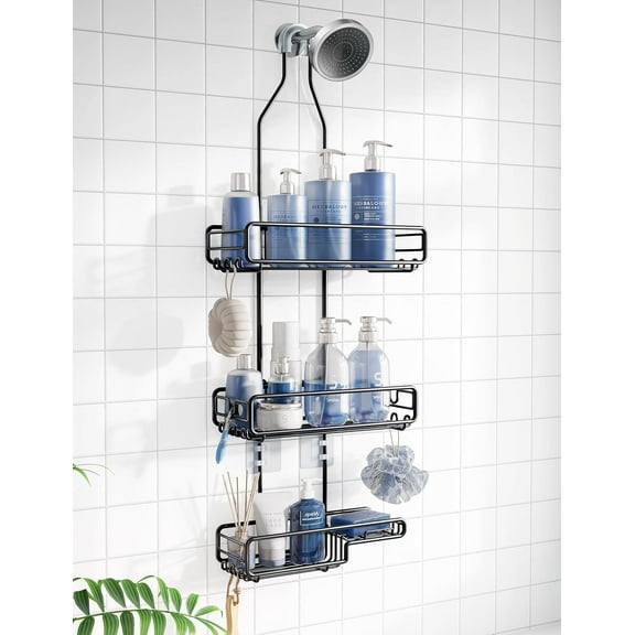 Shower Caddy Hanging Bathroom Organizer: Over Head Adjustable Rack for Tall Showerhead - Extra Large Storage Shelf for Big Shampoo Bottles with Soap Holder