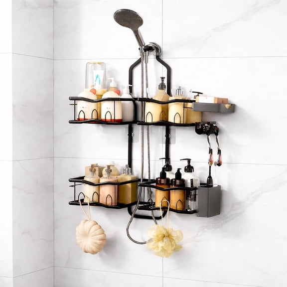 Shower Caddy Hanging for Bathroom Organizers and Storage, Rustproof Shower Organizer with Hooks for Razors Over the Showerhead Caddy Organizer with Soap Holder Bathroom AccessoriesBlack