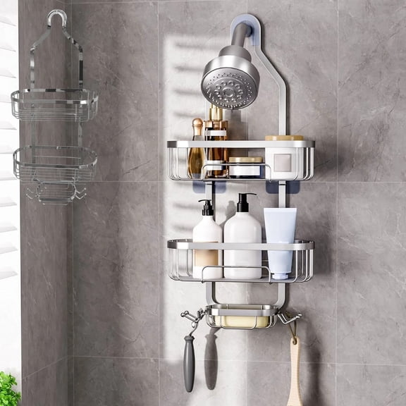 Shower Caddy Hanging, Bathroom Shower Rack, Bathroom Organizer with Soap Dish, Over The Showerhead Caddy with Hooks for Razor/Sponge, Black