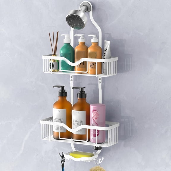 Shower Caddy Hanging, Bathroom Shower Rack, Organizer with Soap Dish, Over The Showerhead Caddy with Hooks for Razor/Sponge, Soft White
