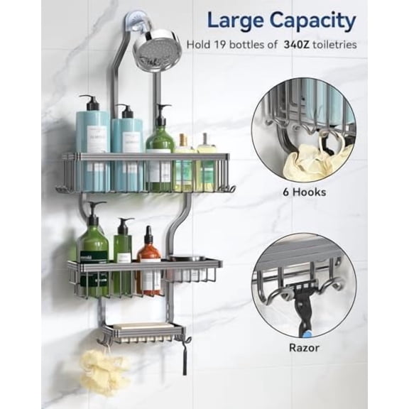 Shower Caddy Hanging - Never Rust Organizer - Aluminum over The head caddy with 10 Hooks for Razor/Sponge - Shower Rack with Soap Basket - Grey