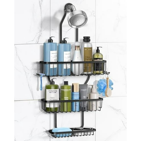 Shower Caddy Hanging - Never Rust Shower Hanging Organizer - Aluminum Over the ShowerHead Caddy with Soap Basket and 6 Hooks for Razor/Sponge (Black)