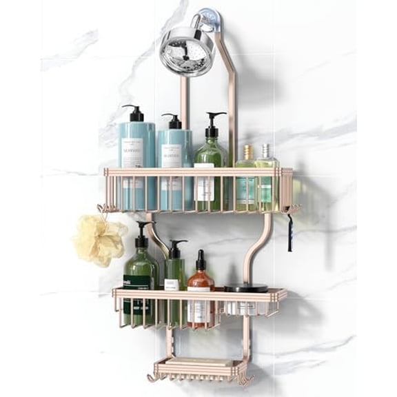 Shower Caddy Hanging - Never Rust Shower Organizer - Aluminum over The shower head caddy with 10 Hooks for Razor/Sponge - Shower Rack with Soap Basket - Rose Gold