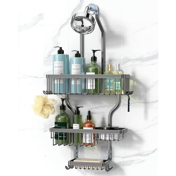 Shower Caddy Hanging - Never Rust Shower Organizer - Aluminum over The shower head caddy with 10 Hooks for Razor/Sponge - Shower Rack with Soap Basket - Silver