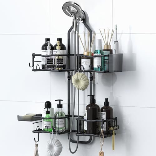 Shower Caddy Hanging Organizer, Rustproof Over Shower Head Caddy Holder with Hooks for Razor/Sponge, No Drilling Bathroom Racks Bath Storage Shelves for Shampoo Soap Towels, Black$$