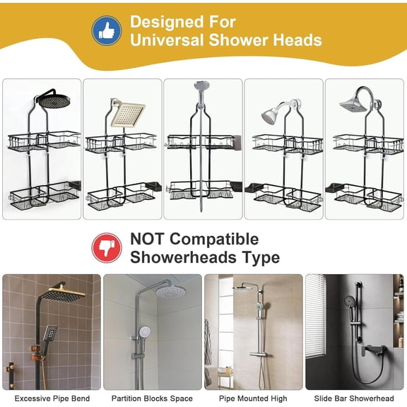 Shower Caddy Hanging Organizer, Rustproof Over Shower Head Caddy Holder with Hooks for Razor/Sponge, No Drilling Bathroom Racks Bath Storage Shelves for Shampoo Soap Towels, Black