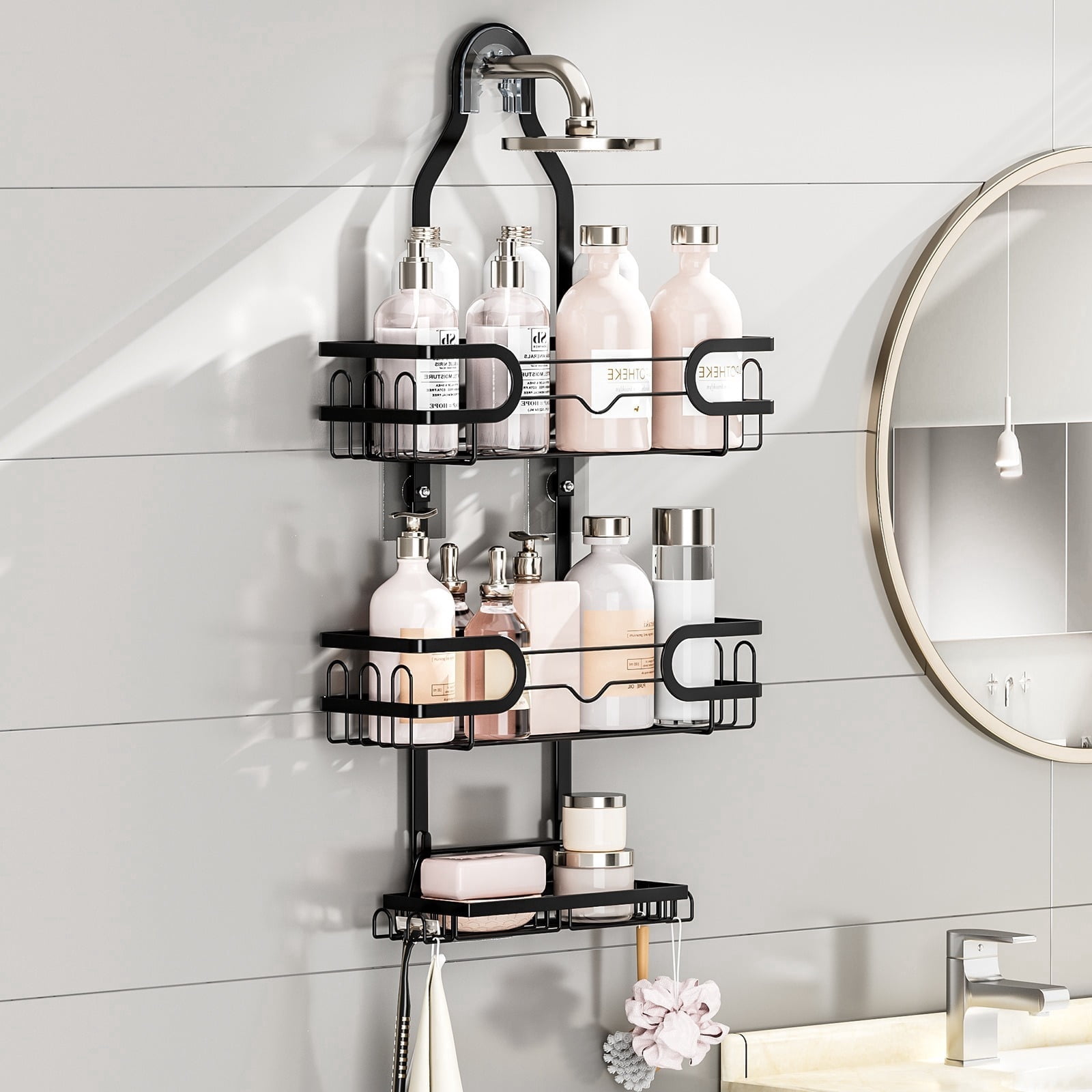 Charcrocsm Shower Caddy, Rustproof Aluminum Bathroom Shelf Rack, Large Shampoo & Soap Holder for Corner or Over-The-Showerhead Installation