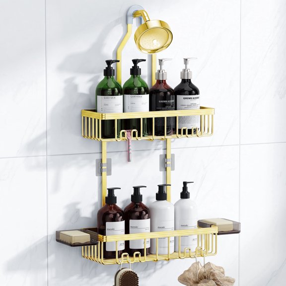 Over the Door Shower Caddy Hanging Rustproof Aluminum Gold with 4 Hooks and Double Soap Holder No Drilling