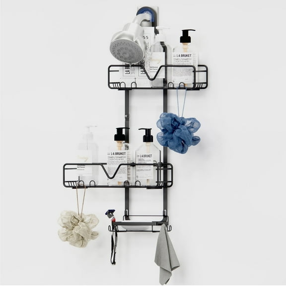 Topritt Shower Caddy Hanging Bathroom Organizer, Adjustable Shower Racks Over Shower Head, Rustproof, No-Drill Organizer, Large Storage Shelf for Shampoo Bottles with Soap Holder, Black