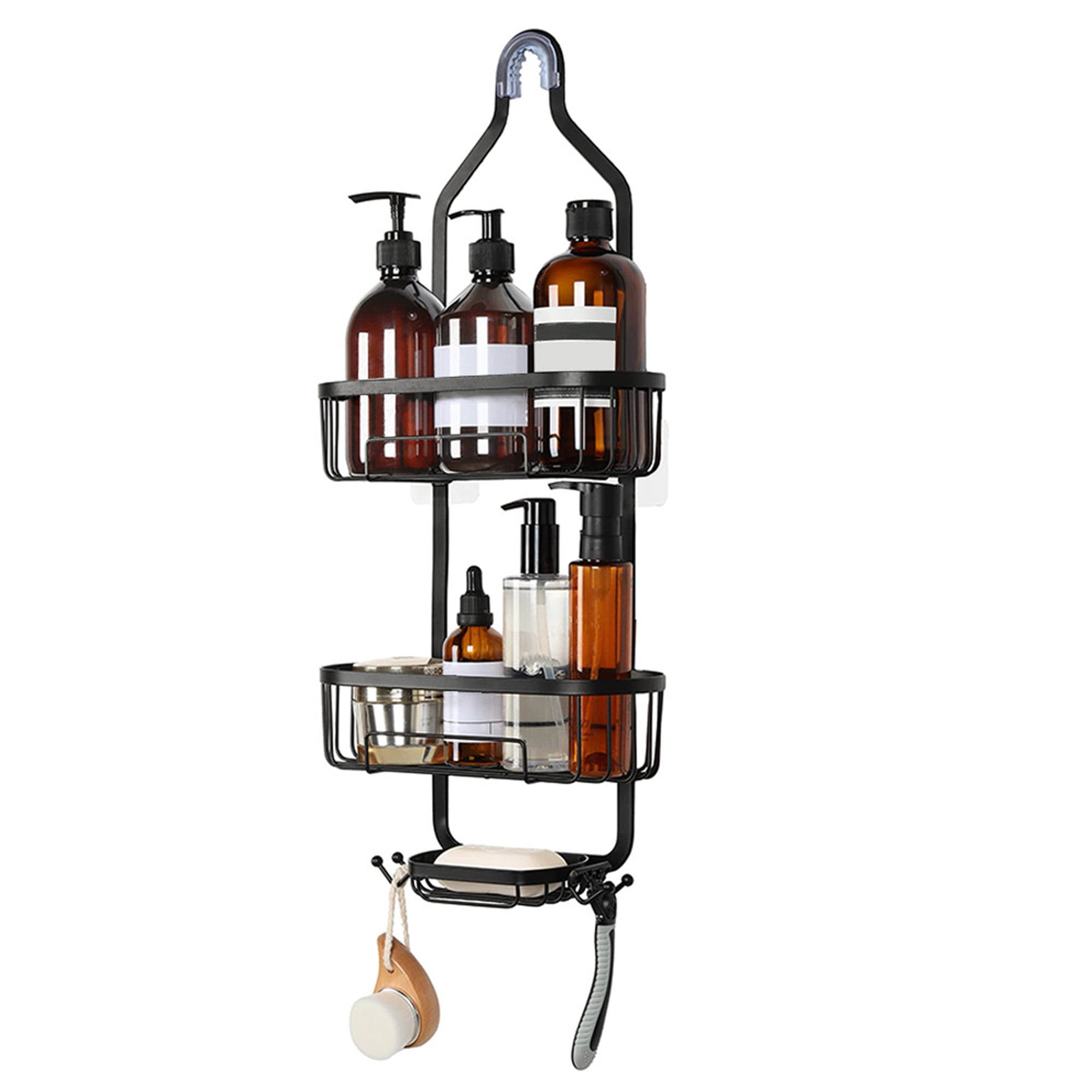 Shower Caddy Hanging, Rustproof Shower Shelf Rack for Inside Shower with Hooks for Razor, Bathroom Organizers and Storage with Soap Holder, No-Drill Shower Storage, Black