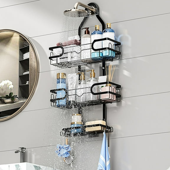 Shower Caddy Hanging Over Shower Head - 3 Tier Bathroom Organizer with Soap Rack Towel Hook and Sponge Holder - Stainless Steel Shower Shelf Storage Rack for Shampoo Conditioner Body Wash