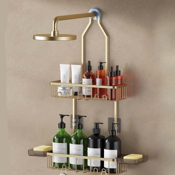 Shower Caddy Hanging, Shower Organizer, Aluminum with Hooks for Razor, Bathroom Organizer and Storage with Soap Holder, Gold