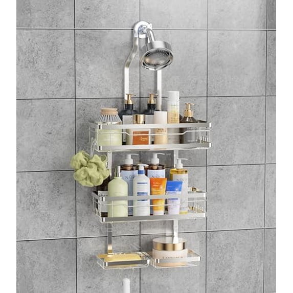 Shower Caddy Hanging with Soap Scrub Holder, Stainless Steel Adjustable No Drilling Non-Slip Large Capacity Sturdy Over Shower Head Shower Organizer Inside Shelves Bathroom Storage Rack, Silver