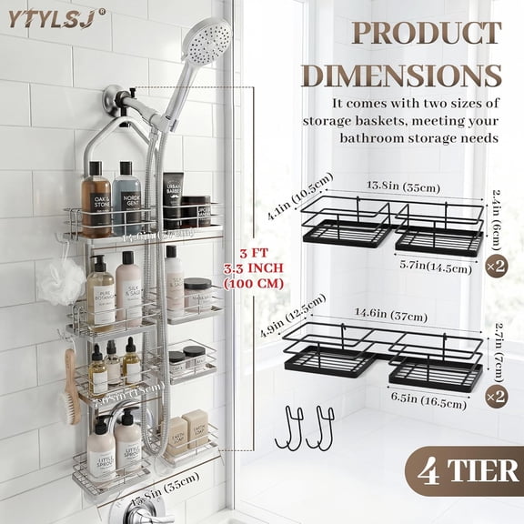 Shower Caddy Hanging for Handheld Shower Heads, 4-Tier Adjustable Stainless Steel Hose Organizer with S-Hooks