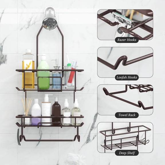 Shower Caddy Hanging over Shower Head Rust Roof Organizer with Hooks for Razor Shampoo Holder Bathroom Rack Storage Shelf with Towel Bar Bronze