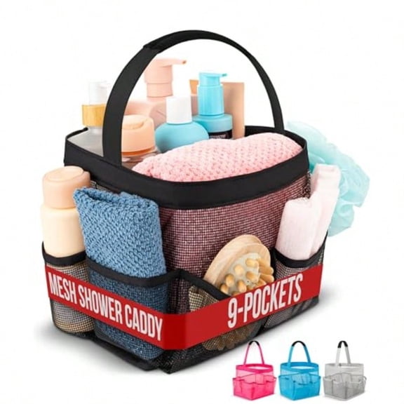 Shower Caddy Mesh - 9 Pocket Portable Bathroom Organizer Tote for Travel Gym and Dorm - Collapsible Small Shower Caddy Bag to Hold Toiletries and Essentials Black