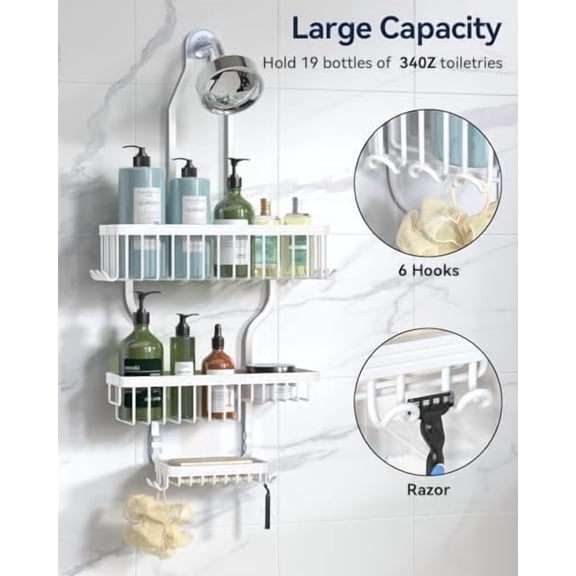 Shower Caddy - Never Rust Aluminum Organizer - Over Shower Head with 10 Hooks & Soap Basket - White