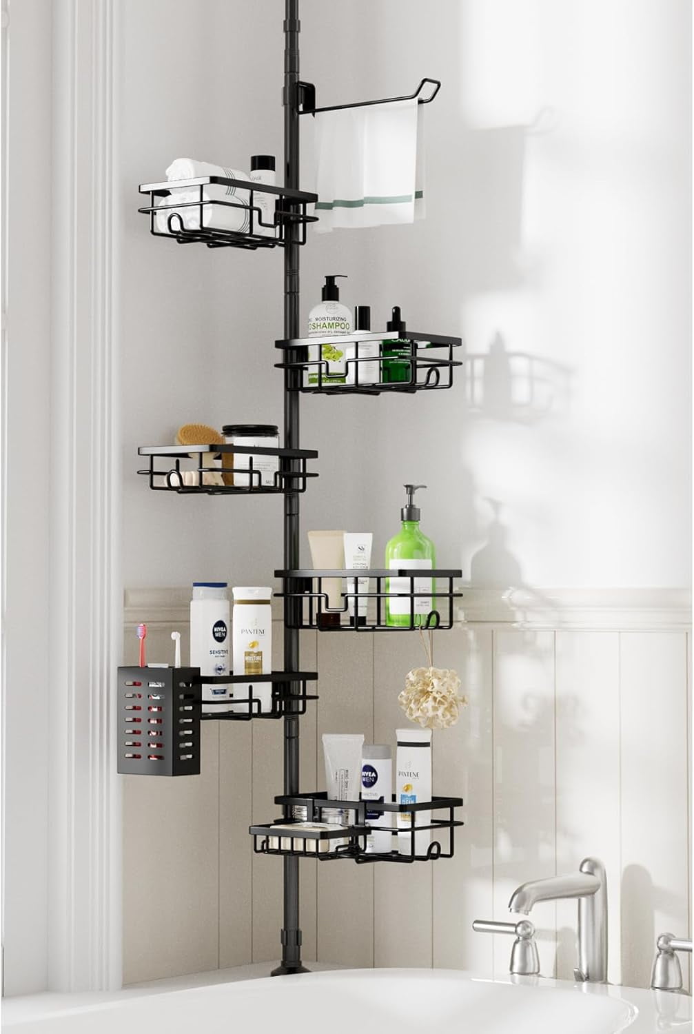 Shower Caddy Organizer Tension Pole, Rustproof 6-Pack Corner Shelf with 30-120 Inch Adjustable Shower Rack for Inside Shower, Extra Towel Bar & Soap Dish for Bathroom Organizers and Storage, Black