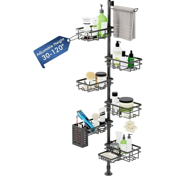 Shower Caddy Organizer Tension Pole, Rustproof 6-Pack Corner Shelf with 30-120 Inch Adjustable Shower Rack for Inside Shower, Extra Towel Bar & Soap Dish for Bathroom Organizers and Storage, Black