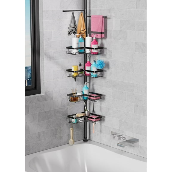 Shower Caddy Organizer Tension Pole, Rustproof  Towel Bars and  Adjustable Shelves,  No-Drill Quick Installation, Extra Soap Dish for Bathroom Storage