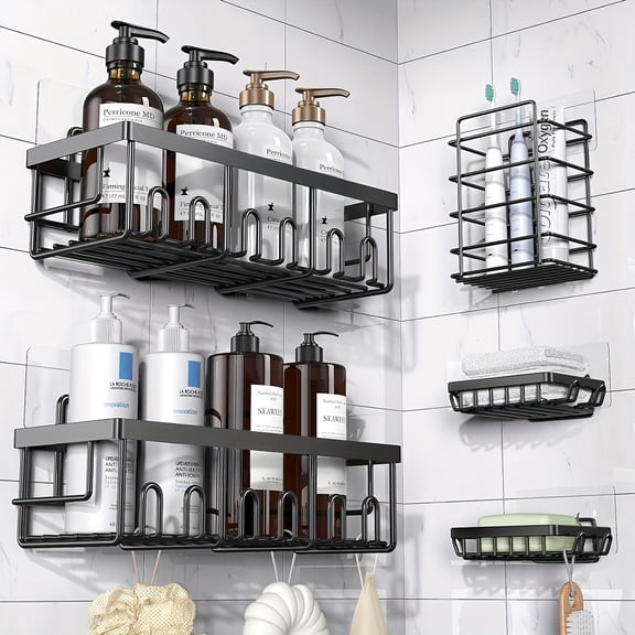 Shower Caddy Organizer with Adhesive Stainless Steel Shelves, 5 Pack Black Bathroom Rack
