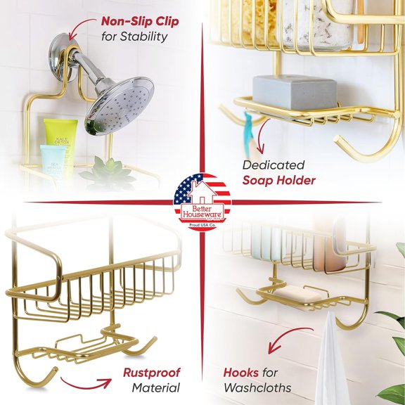 Shower Caddy Organizer with Hooks and Soap Holder - Rustproof Gold Aluminum Bath Storage Rack for Shampoo and Towels