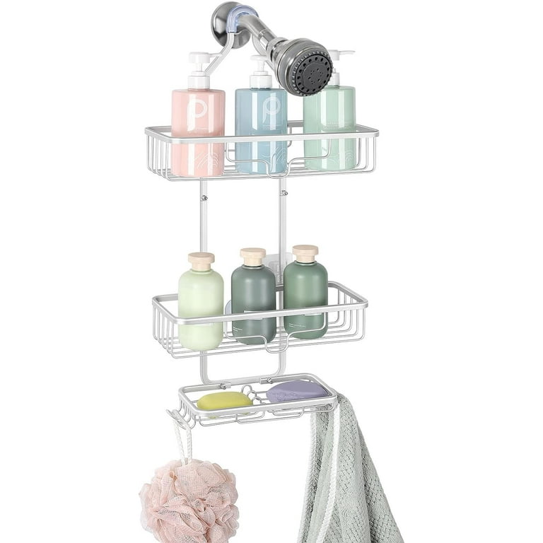 Silver Shower Caddy over Shower Head, Hanging Shower Organizer, Bathroom  Shampoo Holder with Hooks for Razor
