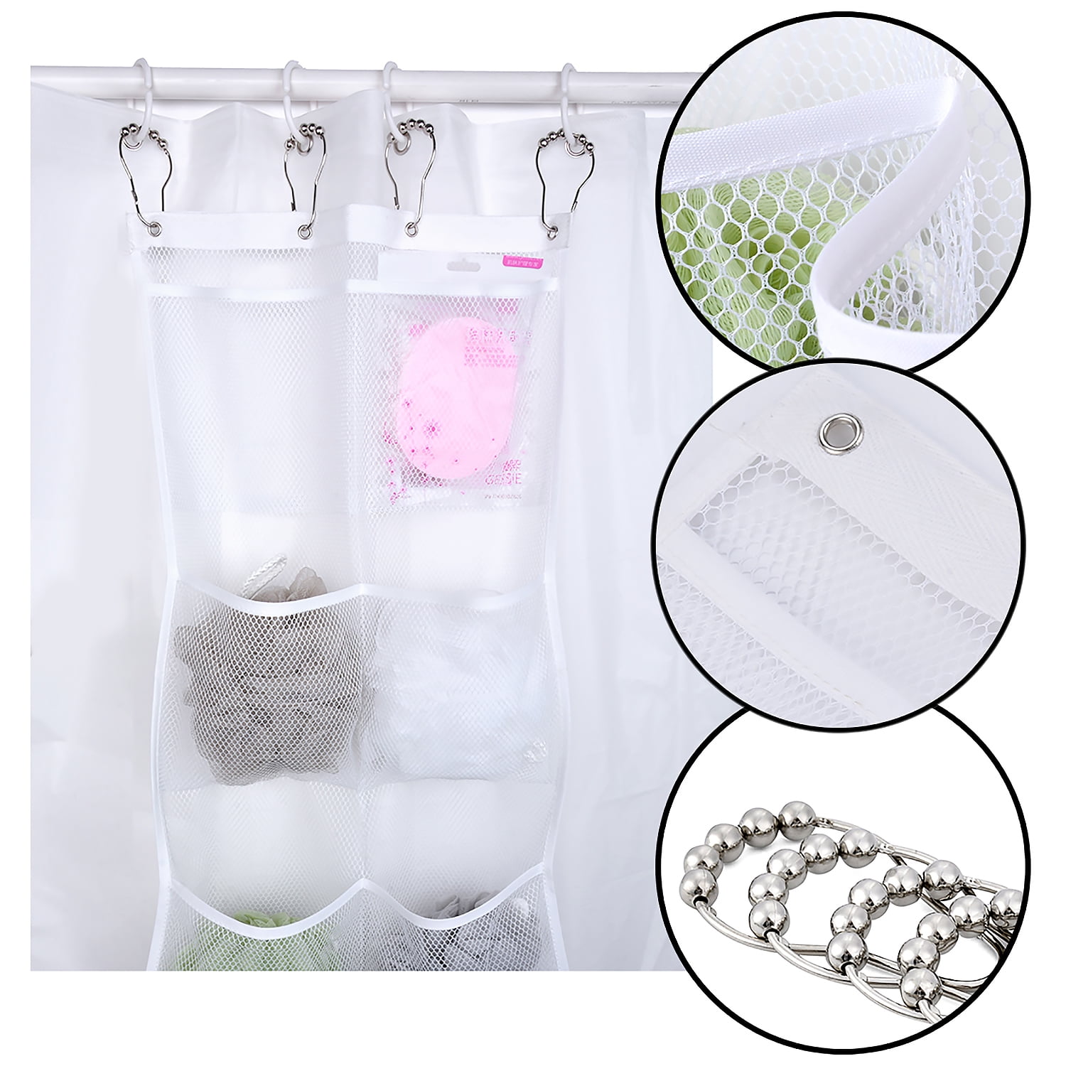 TSV Mesh Shower Caddy Curtains Organizer, Hanging Bathroom Shower Curtain  Rod Liner Hooks Accessories with 6 Pockets Save Space in Small Bathroom Tub